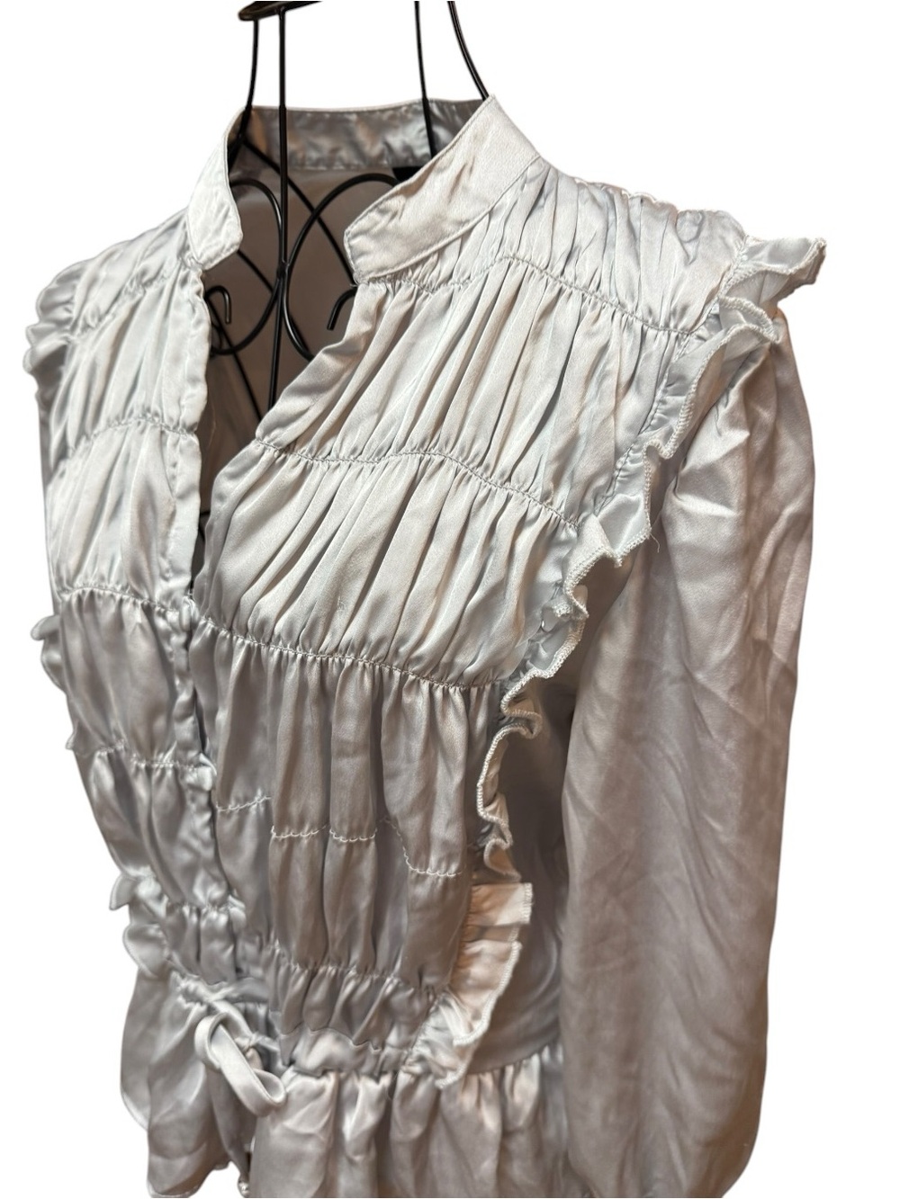 Angie Silver Gray Ruffle Drawstring Boho Victorian Romantic Blouse